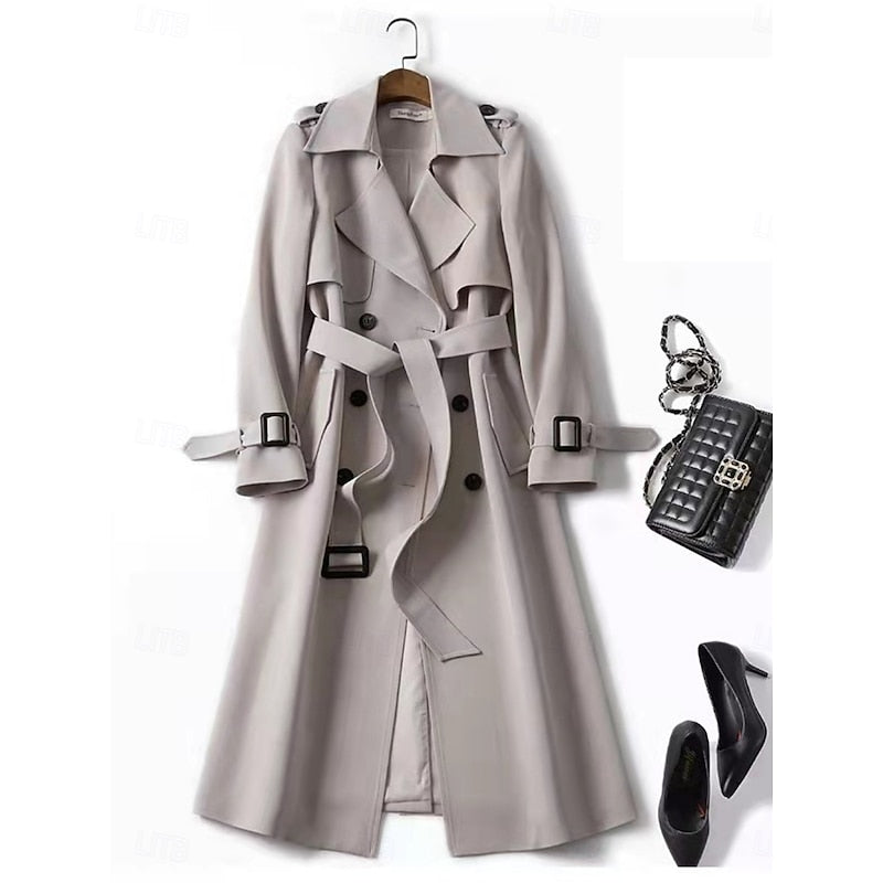 Trench Coat Double-Breasted Belted Women's Long Khaki – Casual, Office, Holiday, Gift