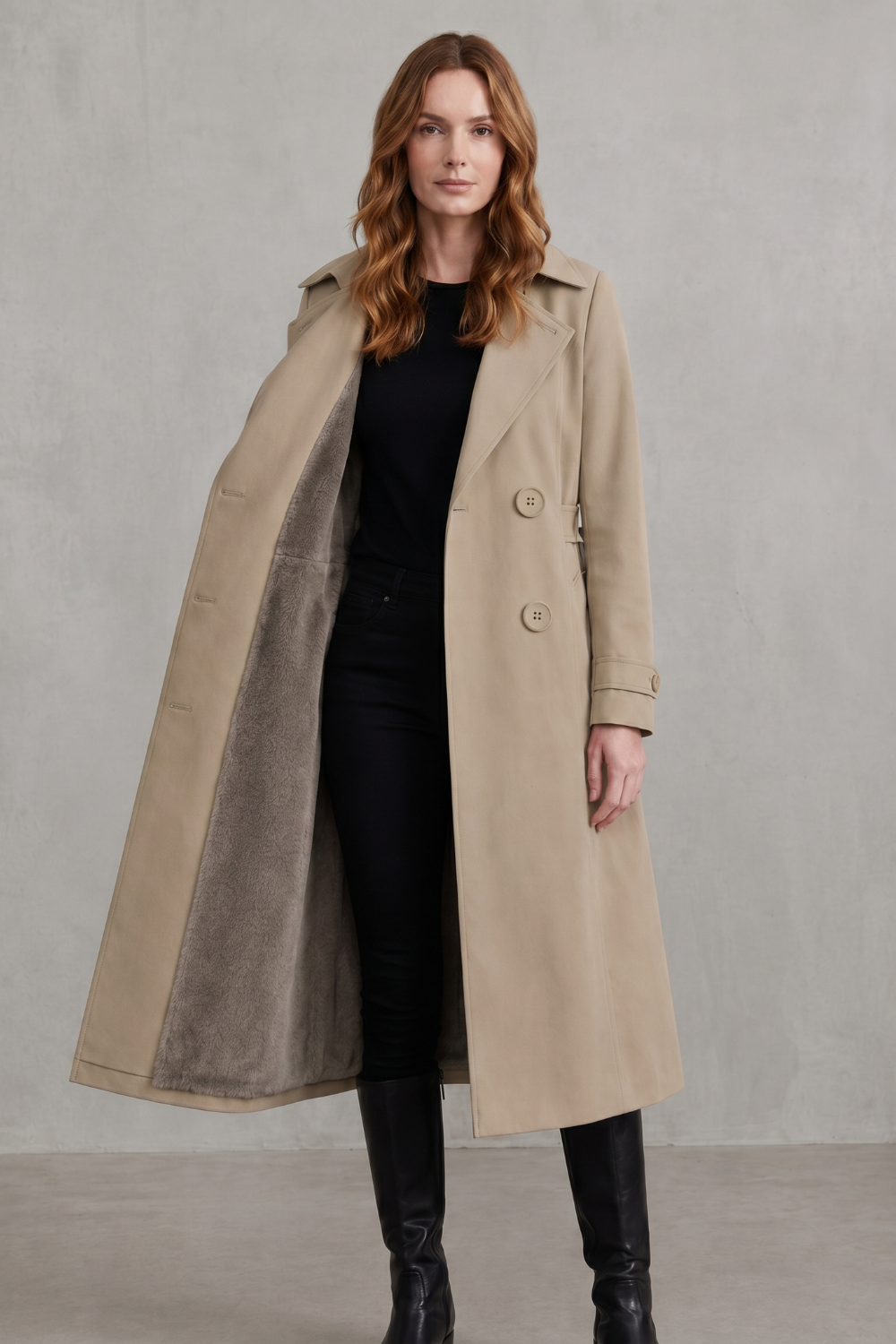 Trench Coat Faux Fur Lined Beige Women's Double-Breasted – Casual, Winter, Office, Gift