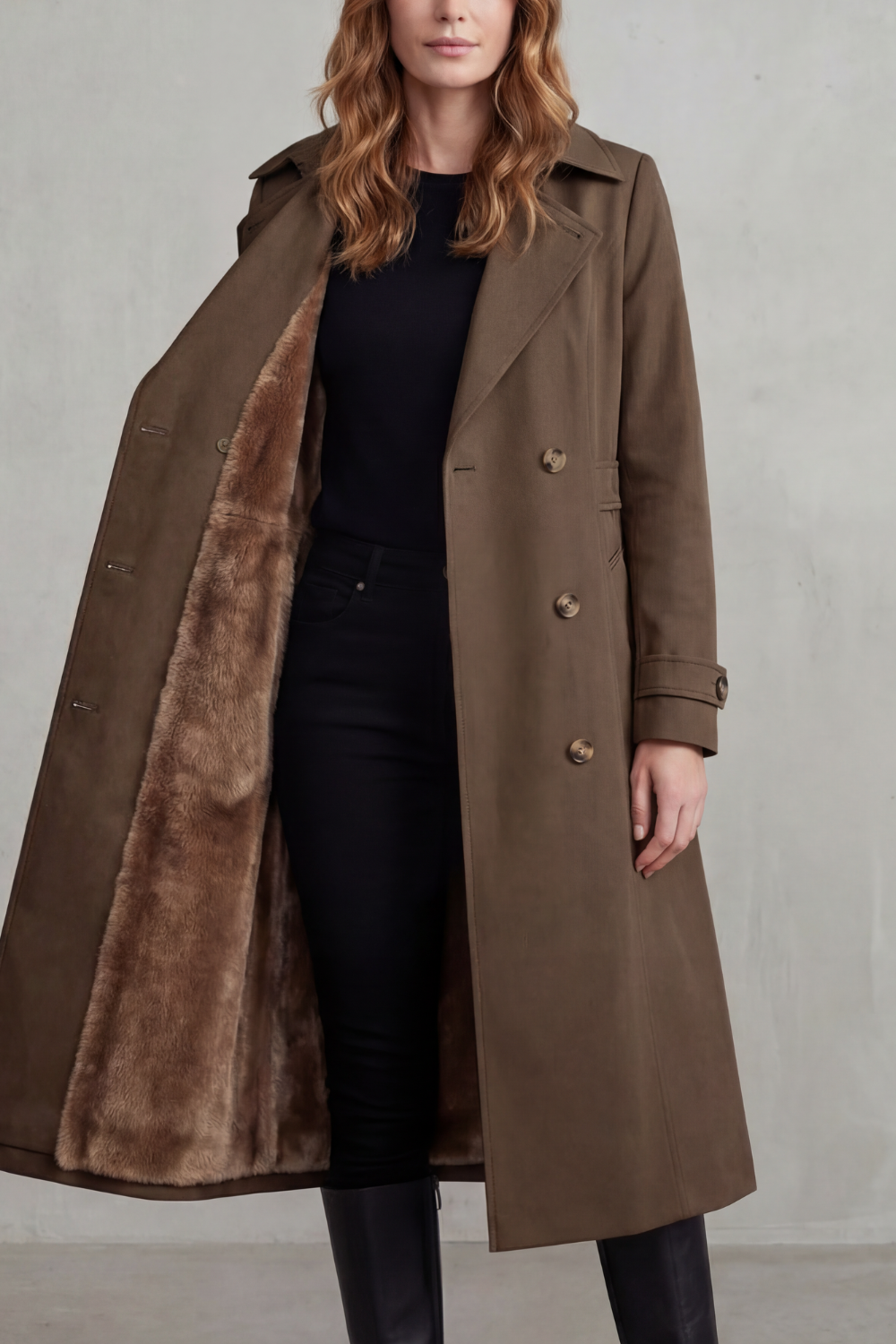 Trench Coat Faux Fur Lined Beige Women's Double-Breasted – Casual, Winter, Office, Gift