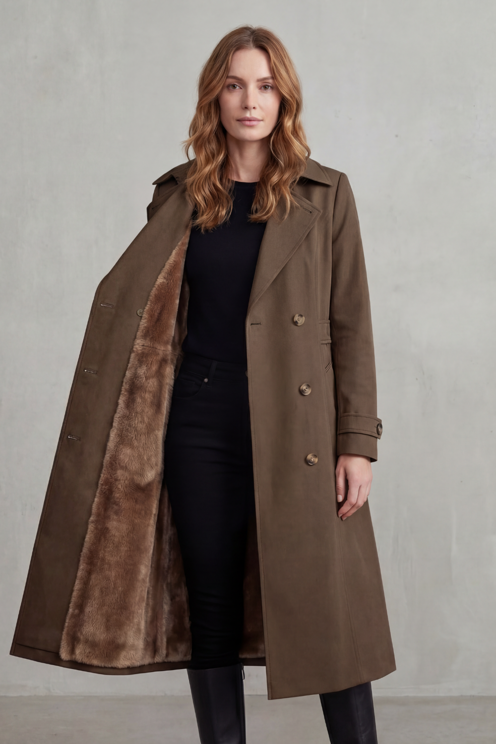 Trench Coat Faux Fur Lined Beige Women's Double-Breasted – Casual, Winter, Office, Gift