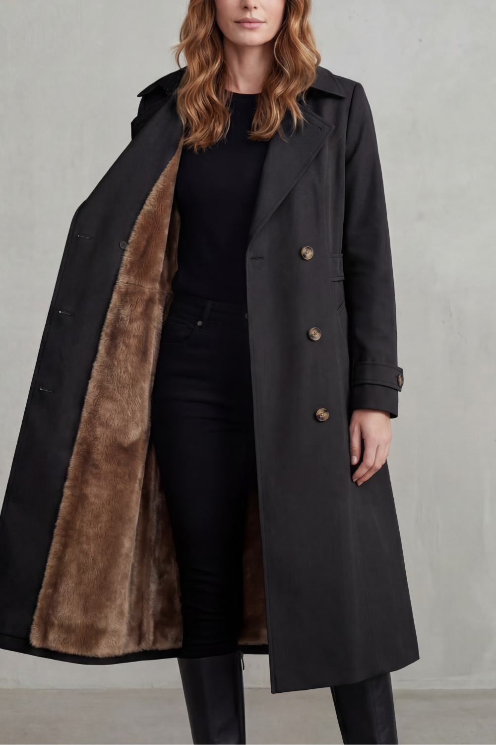 Trench Coat Faux Fur Lined Beige Women's Double-Breasted – Casual, Winter, Office, Gift