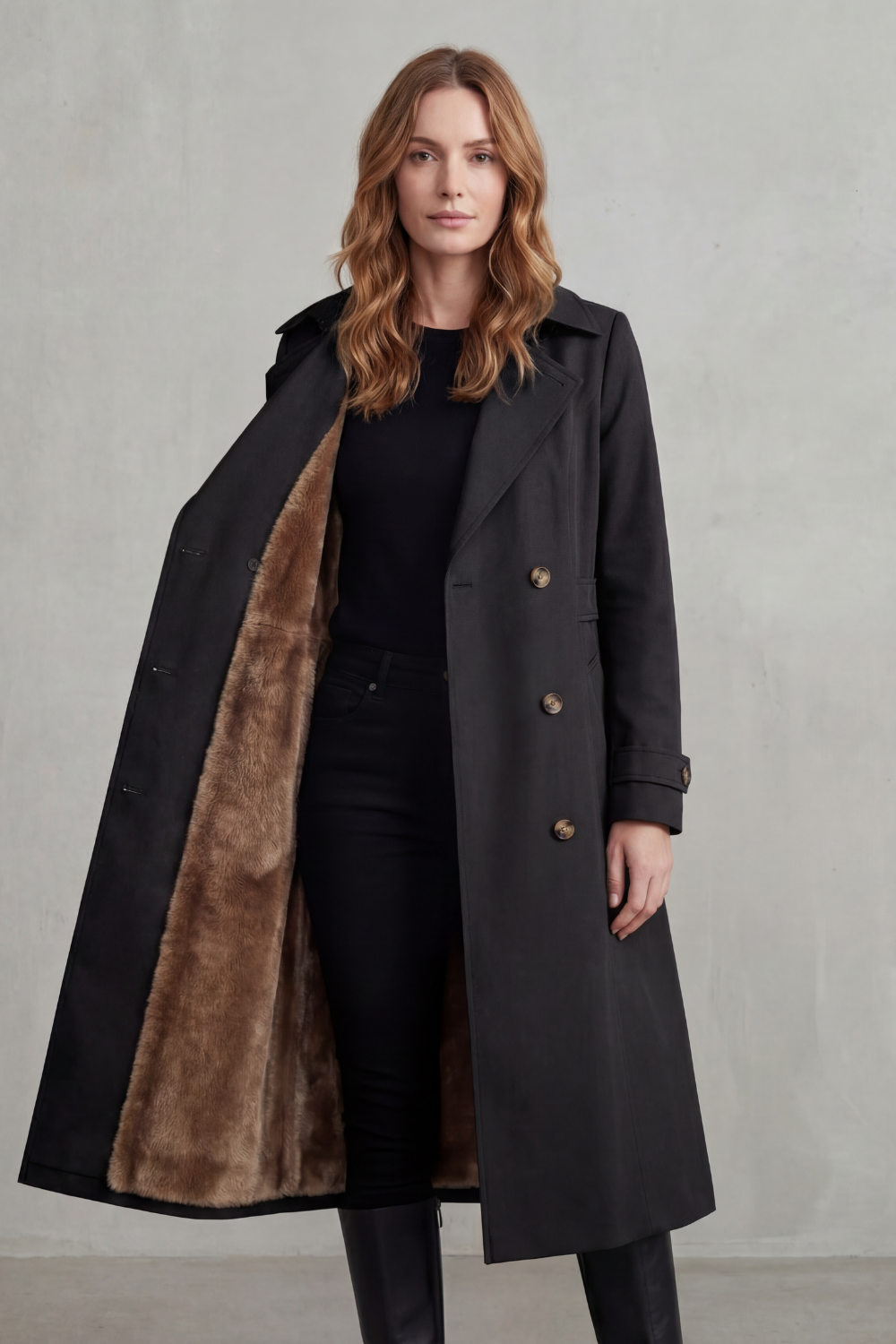 Trench Coat Faux Fur Lined Beige Women's Double-Breasted – Casual, Winter, Office, Gift