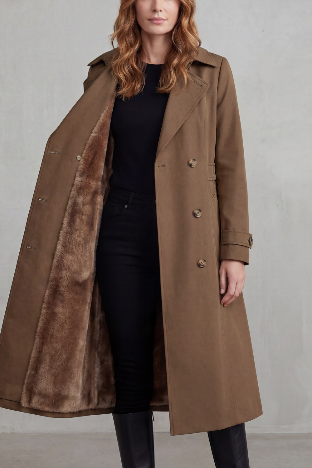Trench Coat Faux Fur Lined Beige Women's Double-Breasted – Casual, Winter, Office, Gift