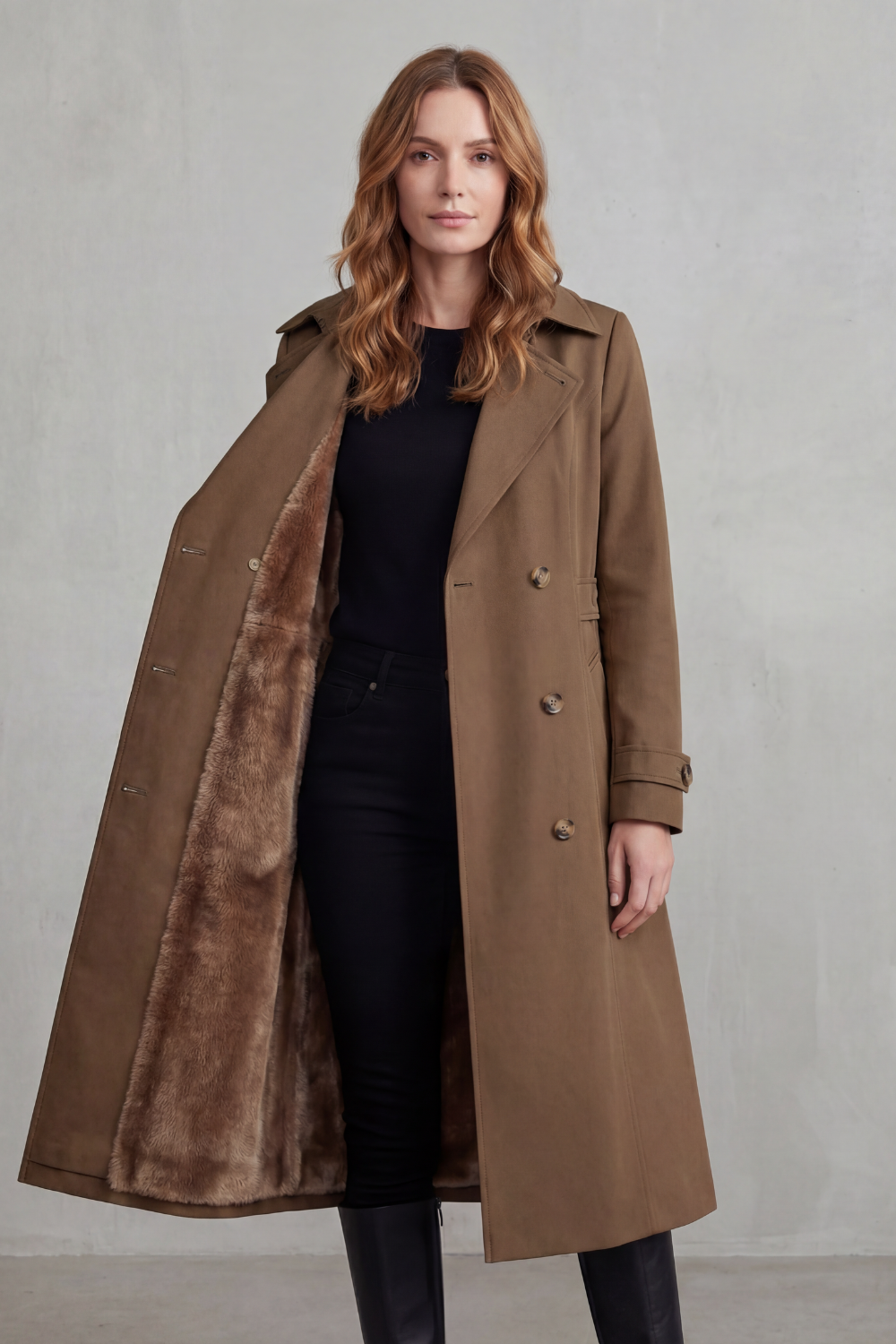 Trench Coat Faux Fur Lined Beige Women's Double-Breasted – Casual, Winter, Office, Gift