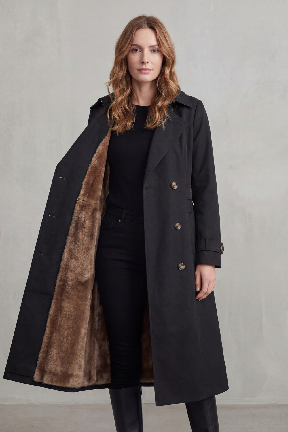 Trench Coat Faux Fur Lined Beige Women's Double-Breasted – Casual, Winter, Office, Gift