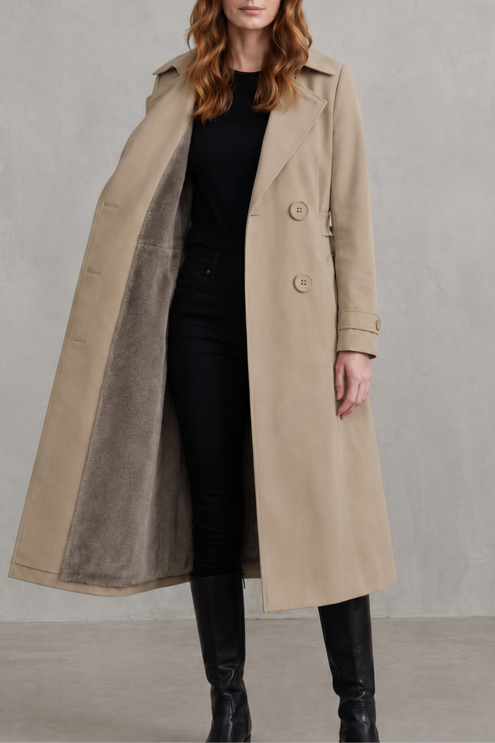 Trench Coat Faux Fur Lined Beige Women's Double-Breasted – Casual, Winter, Office, Gift