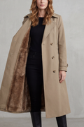 Trench Coat Faux Fur Lined Beige Women's Double-Breasted – Casual, Winter, Office, Gift