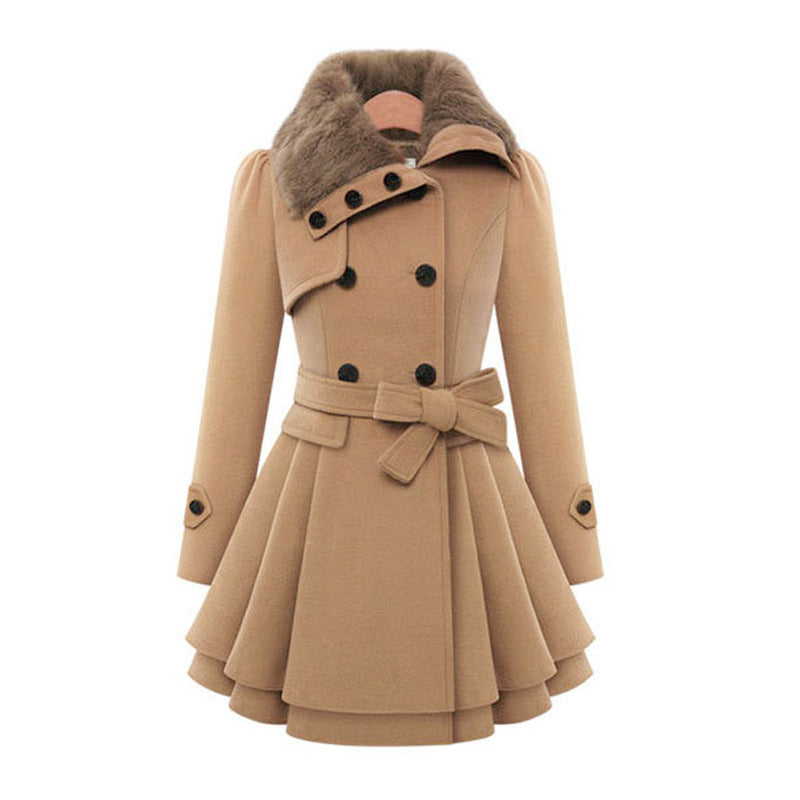 Trench Coat Grey Faux Fur Collar Belted Double-Breasted Women's – Casual, Office, Holiday, Winter