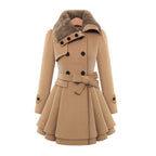 Trench Coat Grey Faux Fur Collar Belted Double-Breasted Women's – Casual, Office, Holiday, Winter