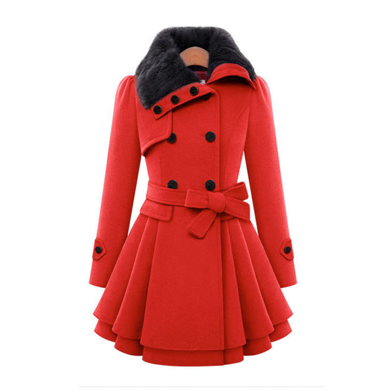 Trench Coat Grey Faux Fur Collar Belted Double-Breasted Women's – Casual, Office, Holiday, Winter