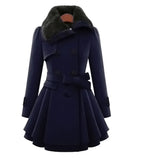 Trench Coat Grey Faux Fur Collar Belted Double-Breasted Women's – Casual, Office, Holiday, Winter