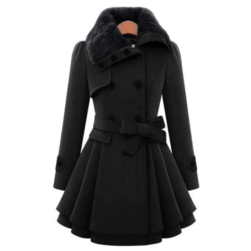 Trench Coat Grey Faux Fur Collar Belted Double-Breasted Women's – Casual, Office, Holiday, Winter