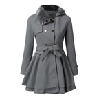 Trench Coat Grey Faux Fur Collar Belted Double-Breasted Women's – Casual, Office, Holiday, Winter