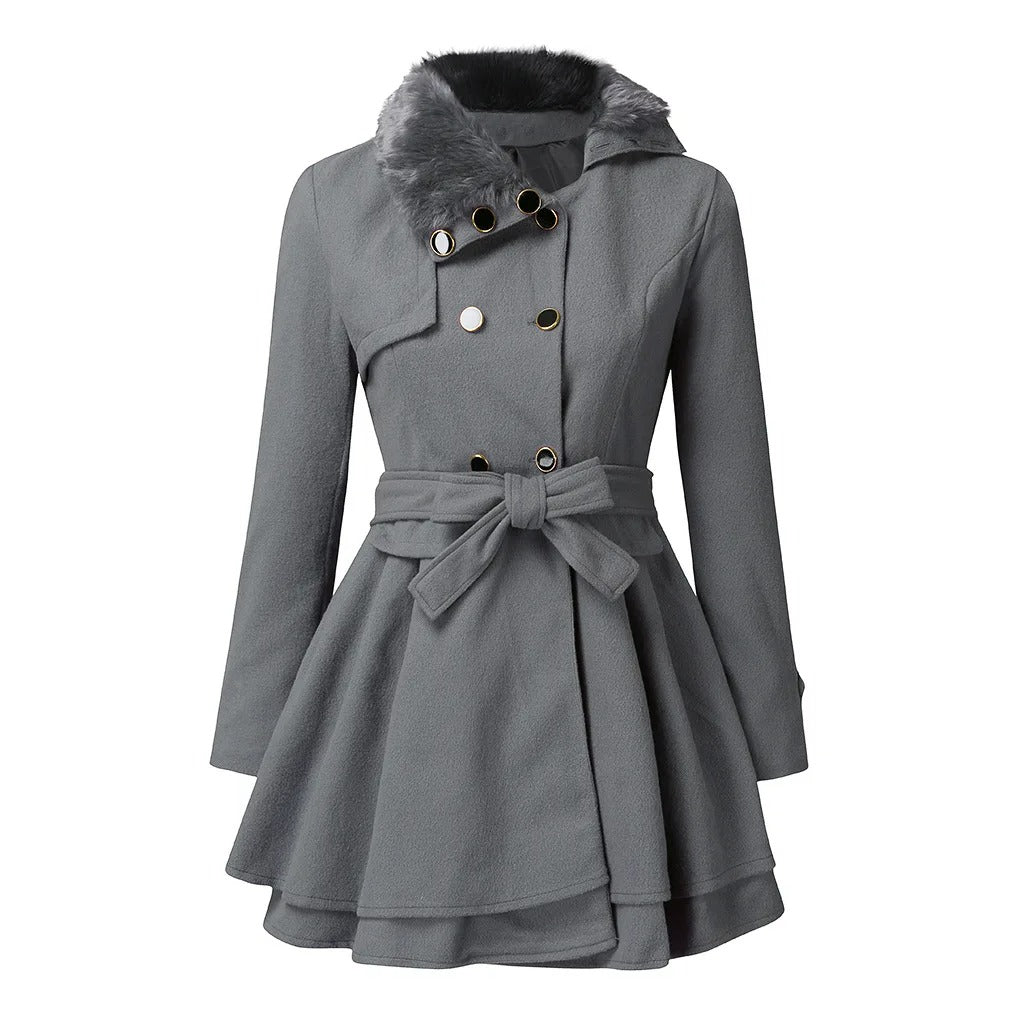 Trench Coat Grey Faux Fur Collar Belted Double-Breasted Women's – Casual, Office, Holiday, Winter
