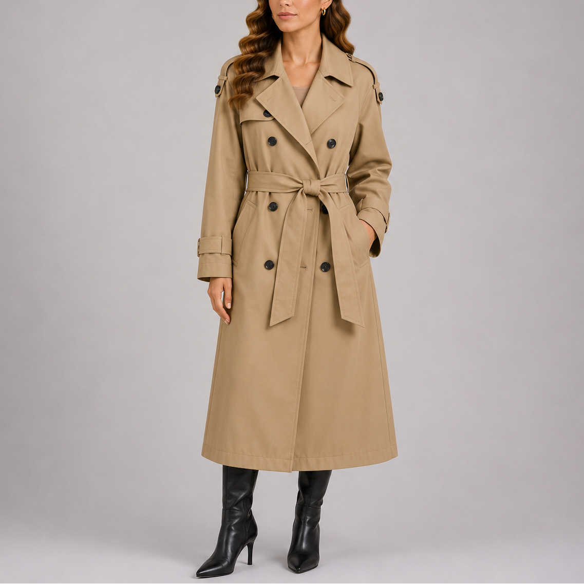 Trench Coat Long Black Women's Double-Breasted Belted – Casual, Office, Holiday, Gift