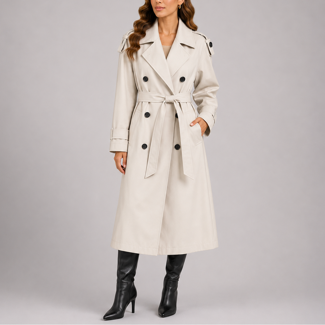 Trench Coat Long Black Women's Double-Breasted Belted – Casual, Office, Holiday, Gift
