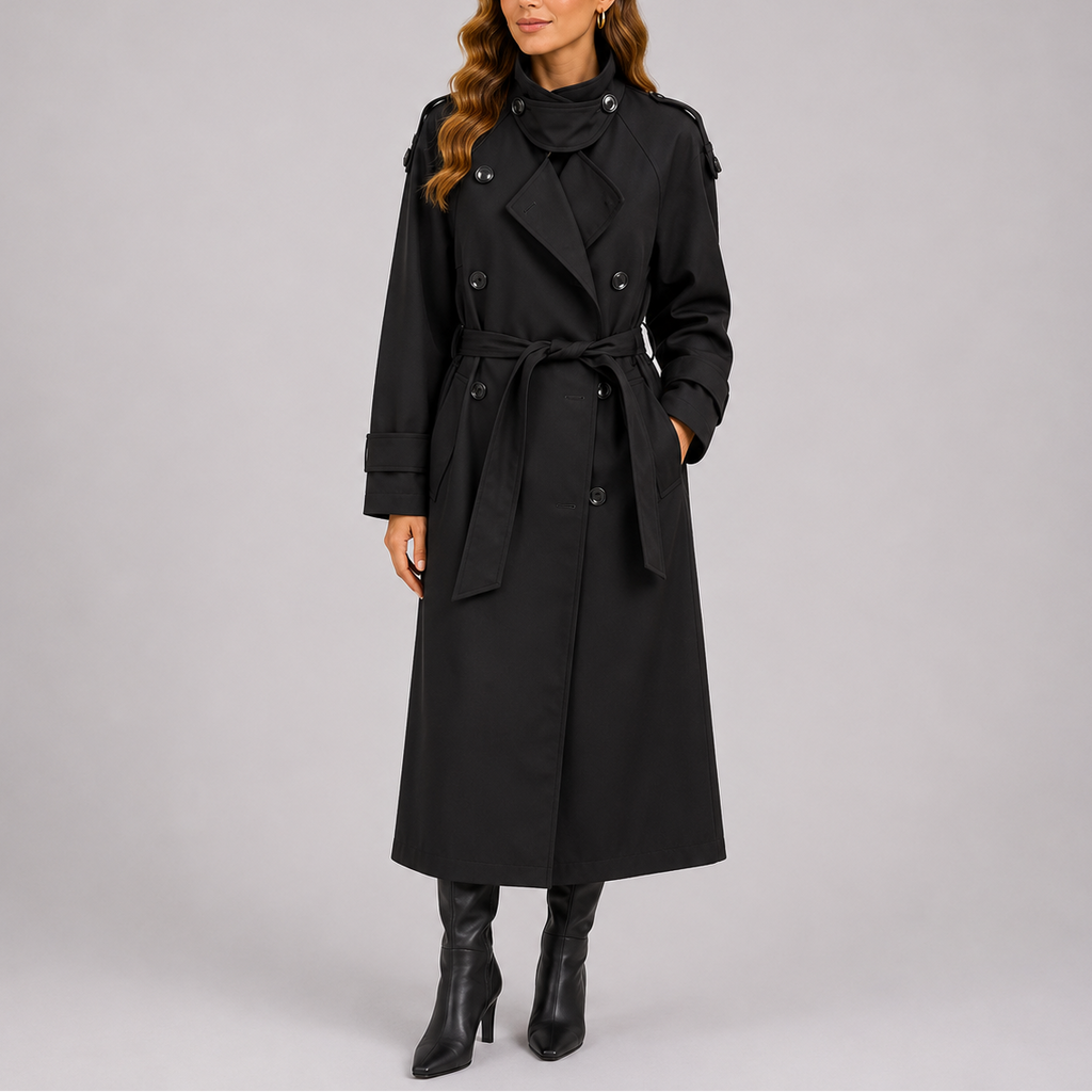 Trench Coat Long Black Women's Double-Breasted Belted – Casual, Office, Holiday, Gift