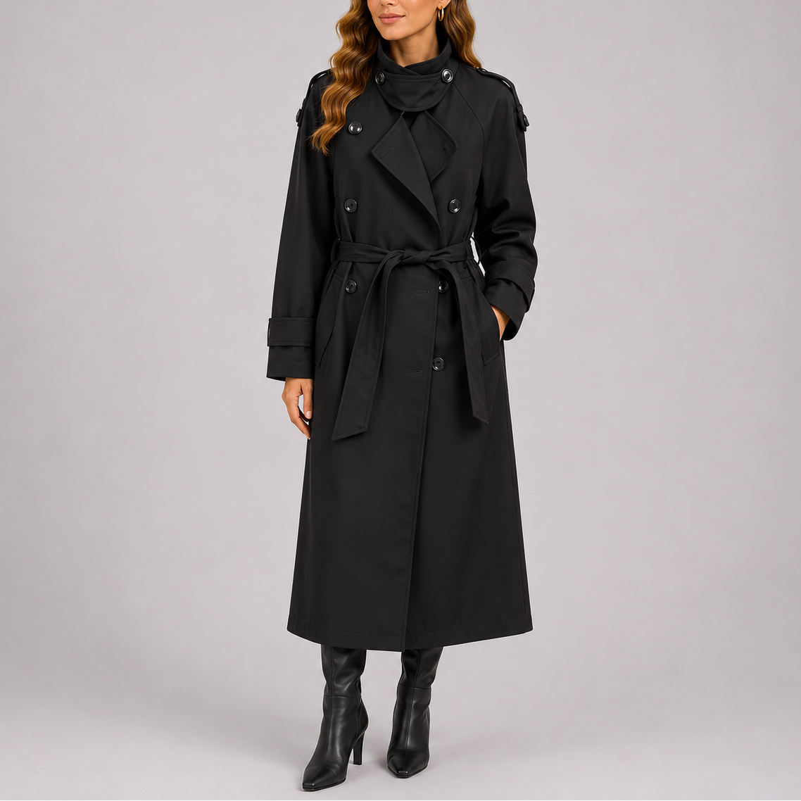 Trench Coat Long Black Women's Double-Breasted Belted – Casual, Office, Holiday, Gift