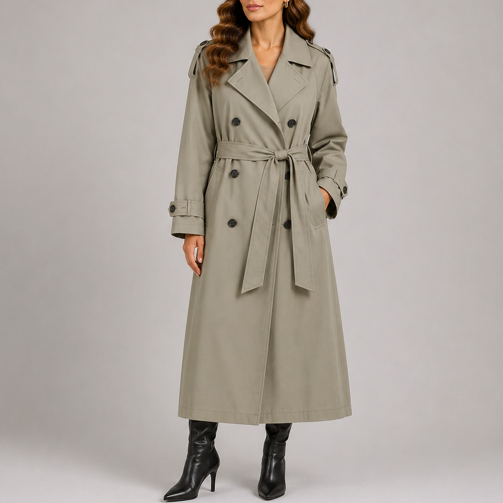 Trench Coat Long Double-Breasted Beige Women's with Belt – Casual, Office, Holiday, Everyday