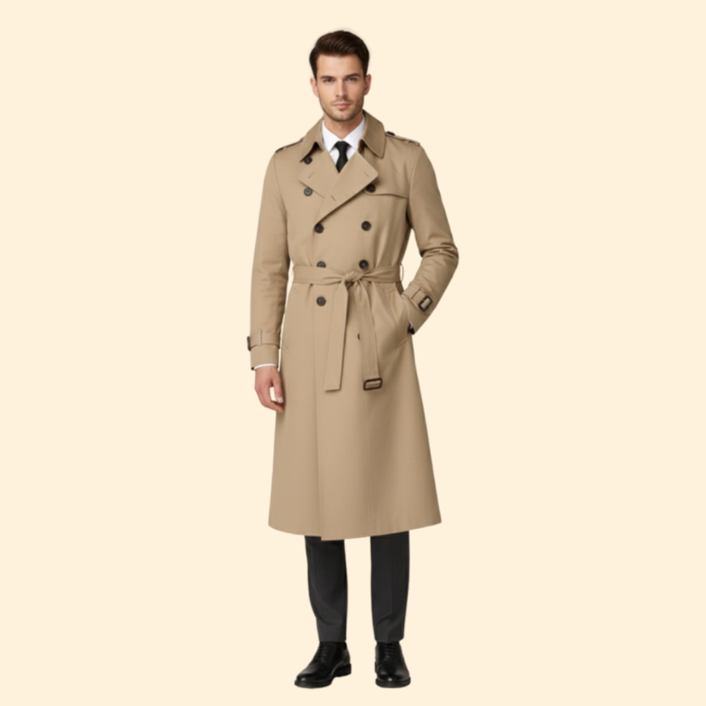 Trench Coat Men's Long Double-Breasted Beige Belted – Casual, Office, Holiday, Gift