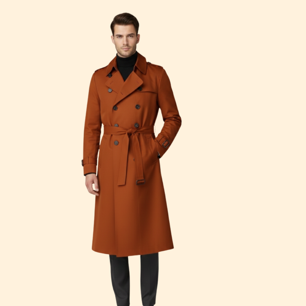 Trench Coat Men's Long Double-Breasted Beige Belted – Casual, Office, Holiday, Gift