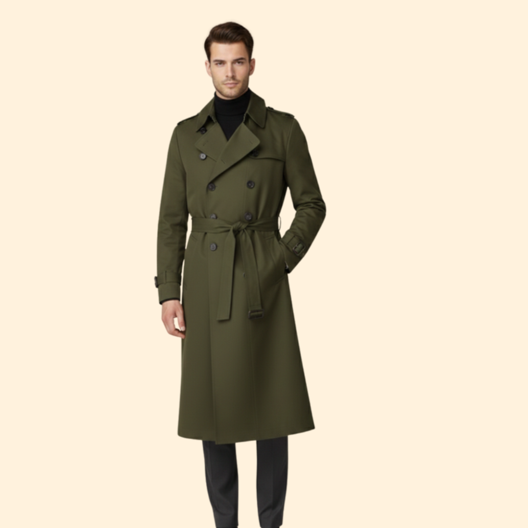 Trench Coat Men's Long Double-Breasted Beige Belted – Casual, Office, Holiday, Gift