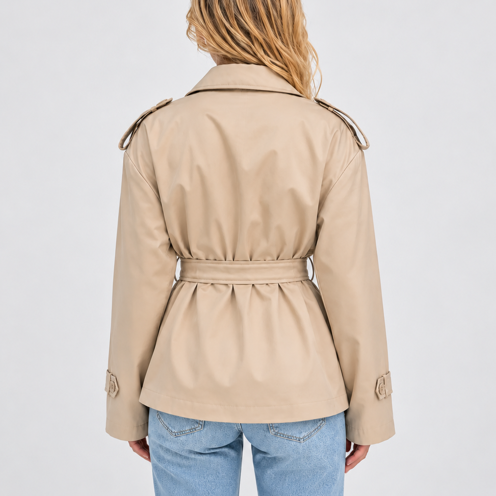 Trench Coat Women's Beige Short Belted Double-Breasted Jacket – Casual, Office, Holiday, Gift