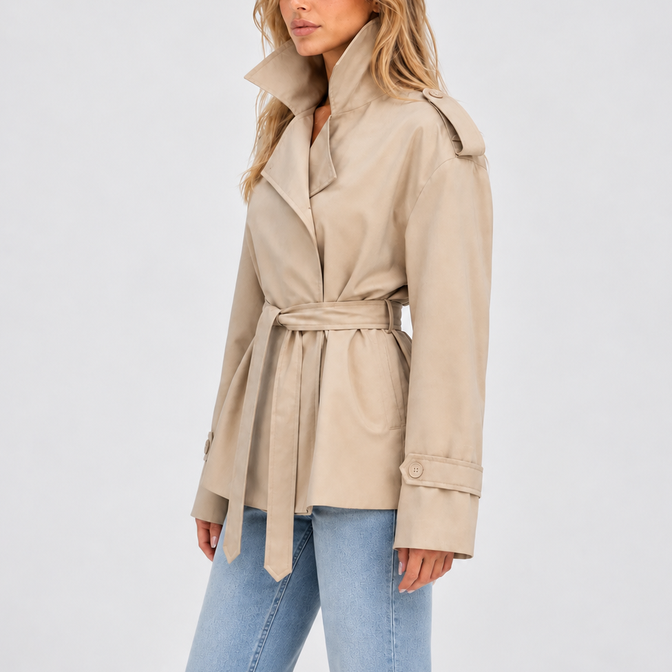 Trench Coat Women's Beige Short Belted Double-Breasted Jacket – Casual, Office, Holiday, Gift