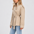 Trench Coat Women's Beige Short Belted Double-Breasted Jacket – Casual, Office, Holiday, Gift