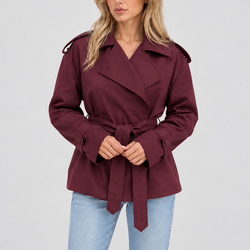 Trench Coat Women's Beige Short Belted Double-Breasted Jacket – Casual, Office, Holiday, Gift