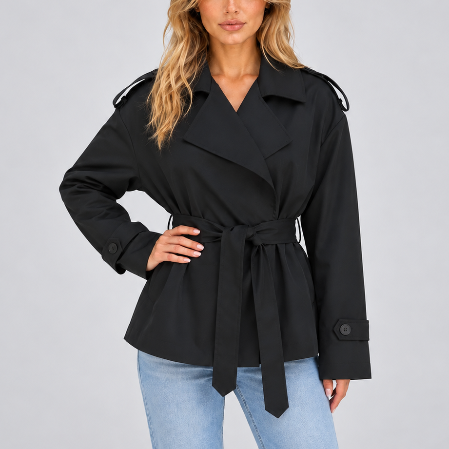 Trench Coat Women's Beige Short Belted Double-Breasted Jacket – Casual, Office, Holiday, Gift