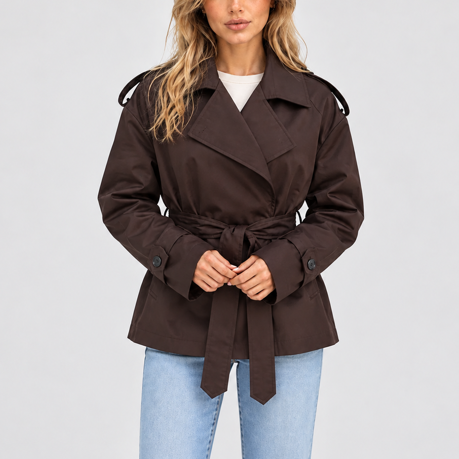 Trench Coat Women's Beige Short Belted Double-Breasted Jacket – Casual, Office, Holiday, Gift