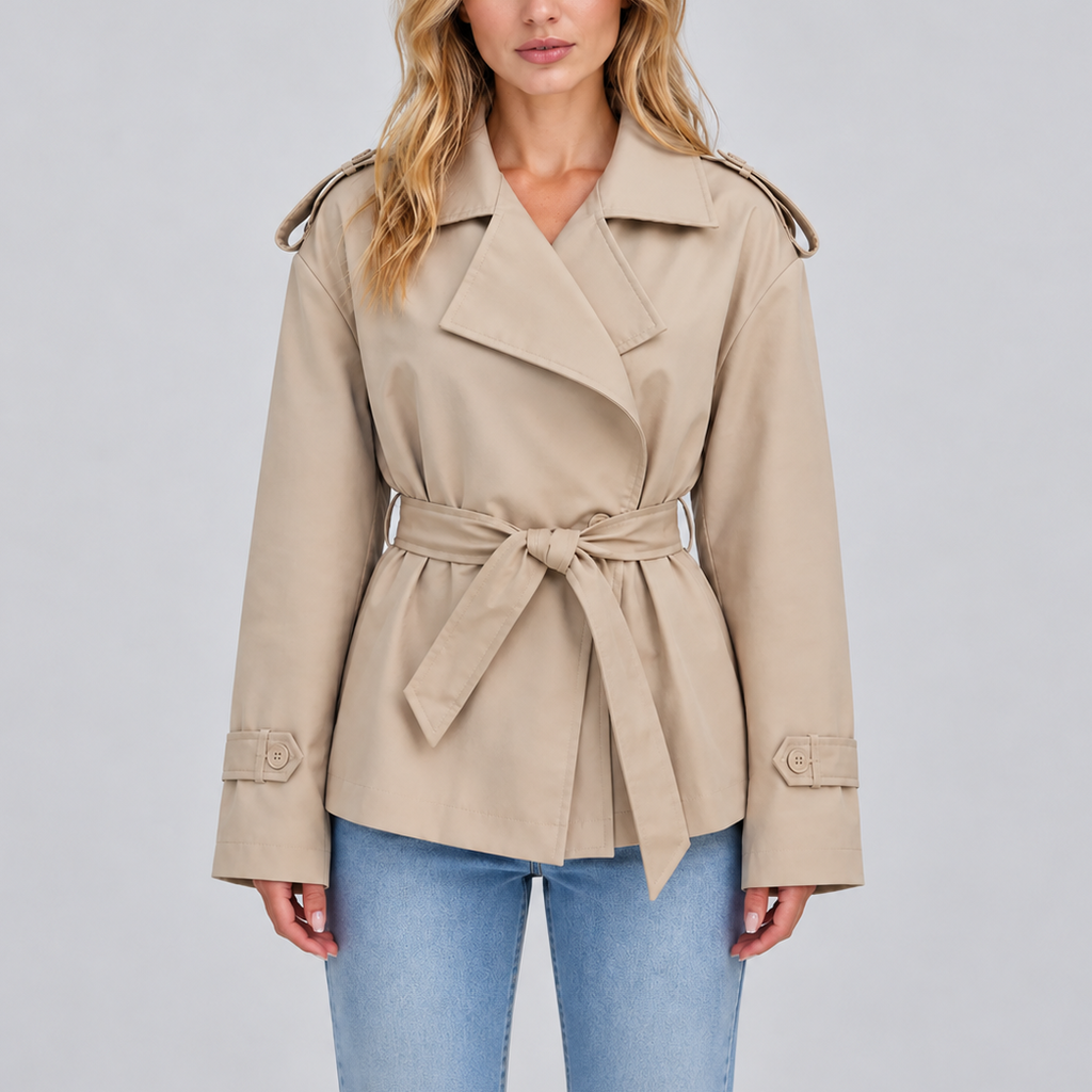 Trench Coat Women's Beige Short Belted Double-Breasted Jacket – Casual, Office, Holiday, Gift