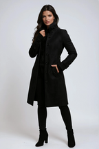 Trench Coat Women's Black Suede Longline Fur-Lined High Collar – Casual, Office, Holiday, Gift