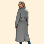 Trench Coat Women's Grey Double-Breasted Belted Long Jacket – Office, Casual, Everyday, Holiday