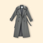 Trench Coat Women's Grey Double-Breasted Belted Long Jacket – Office, Casual, Everyday, Holiday