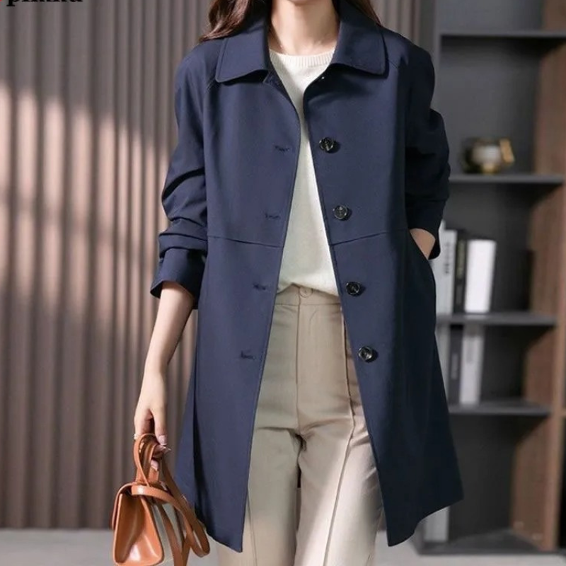 Trench Coat Women's Navy Button-Up Longline Overcoat – Casual, Office, Holiday, Gift