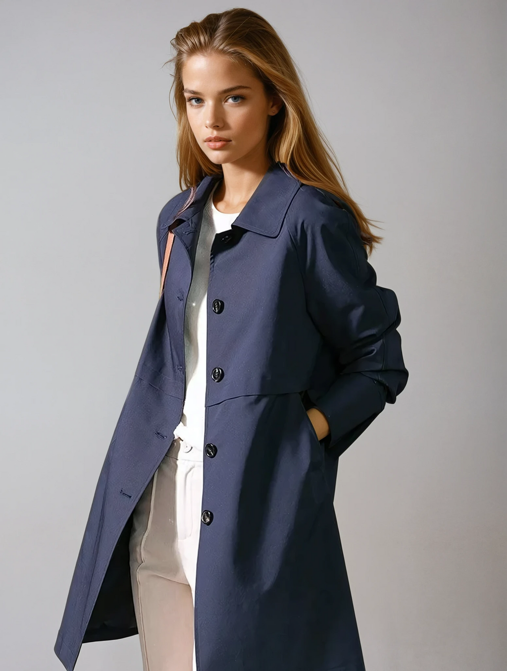 Trench Coat Women's Navy Button-Up Longline Overcoat – Casual, Office, Holiday, Gift