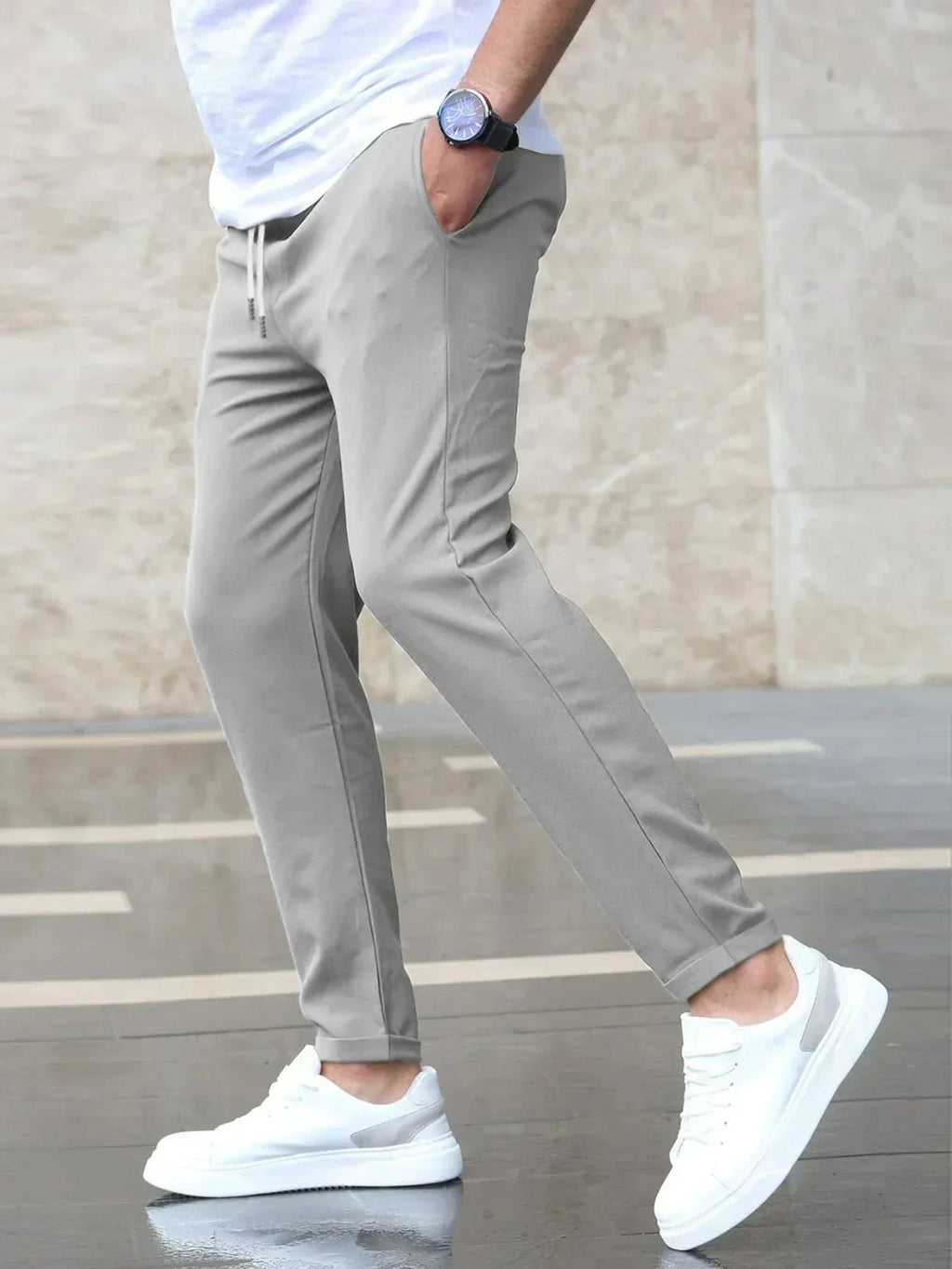 Trousers Men's Stretch Regular Fit Drawstring Grey – Casual, Office · Werune