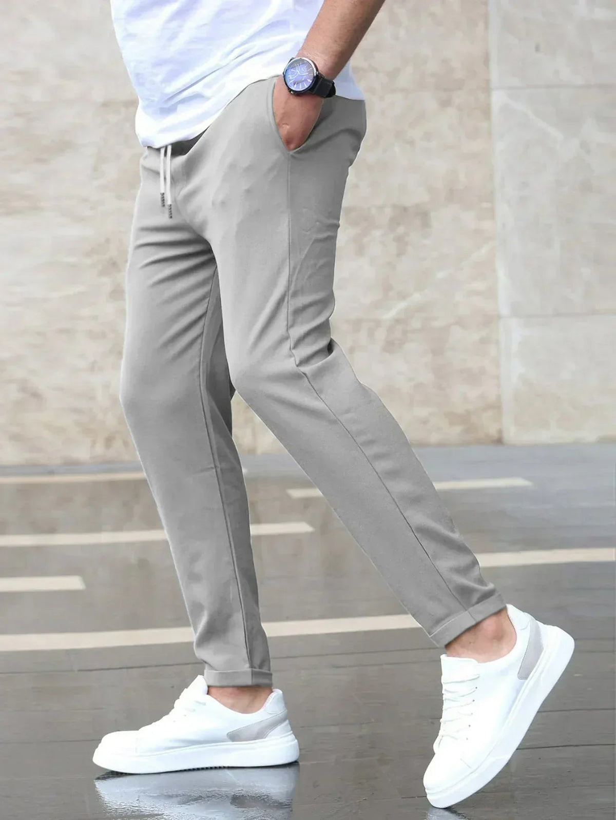 Trousers Men's Stretch Regular Fit Drawstring Grey – Casual, Office · Werune