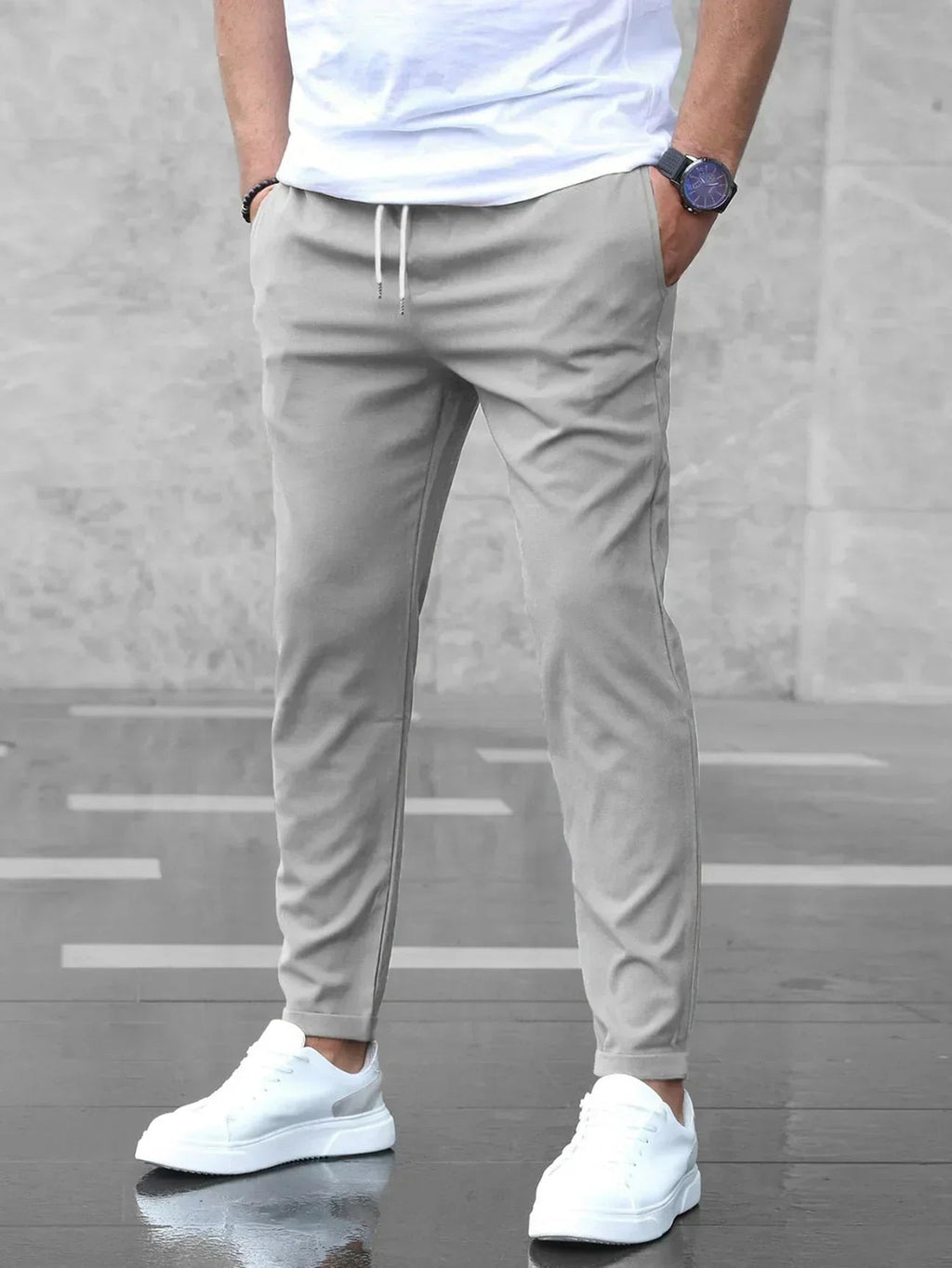 Trousers Men's Stretch Regular Fit Drawstring Grey – Casual, Office · Werune