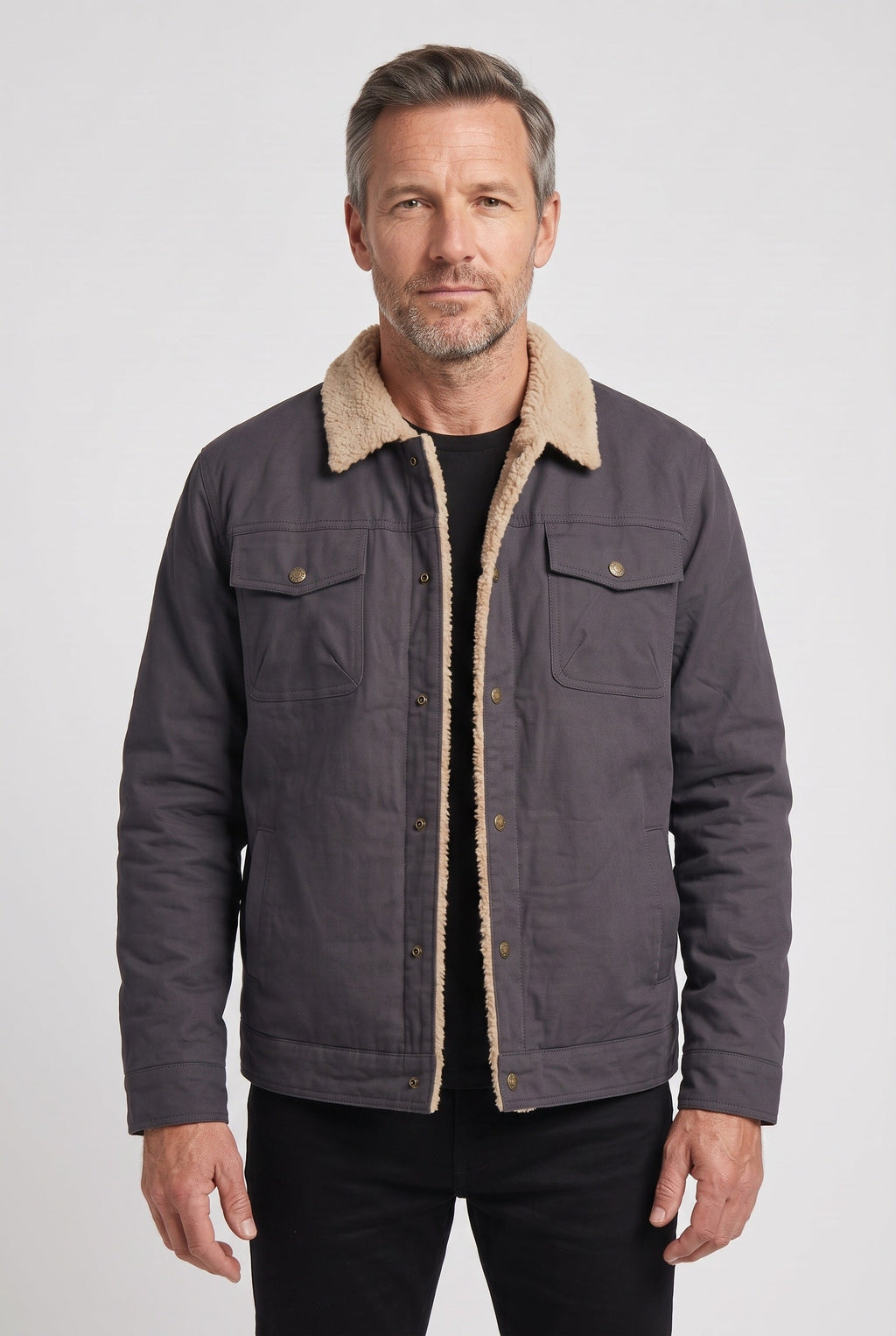 Trucker Jacket Cotton Grey Men's Sherpa-Lined Collar – Casual, Winter, Gift · Werune
