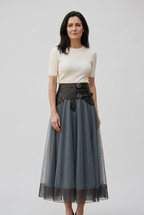 Tulle Maxi Skirt Grey High Waist Belted A-Line Women's – Party, Office, Casual, Evening Gift