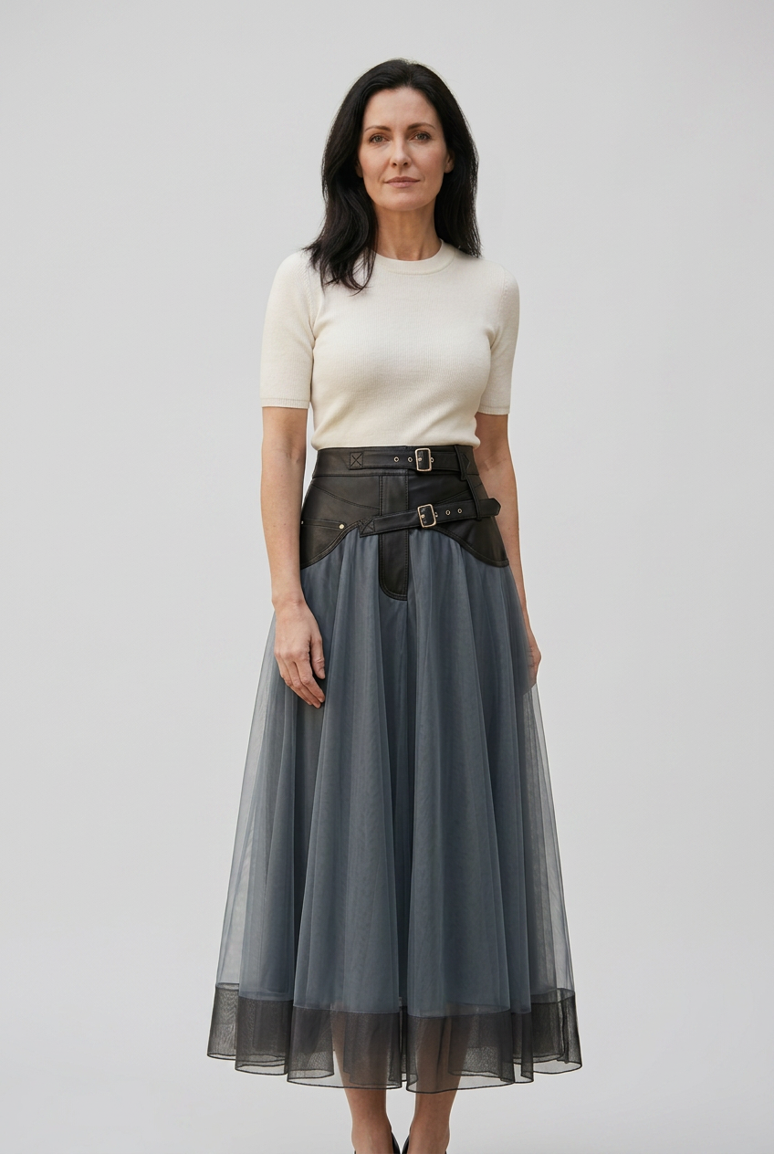 Tulle Maxi Skirt Grey High Waist Belted A-Line Women's – Party, Office, Casual, Evening Gift