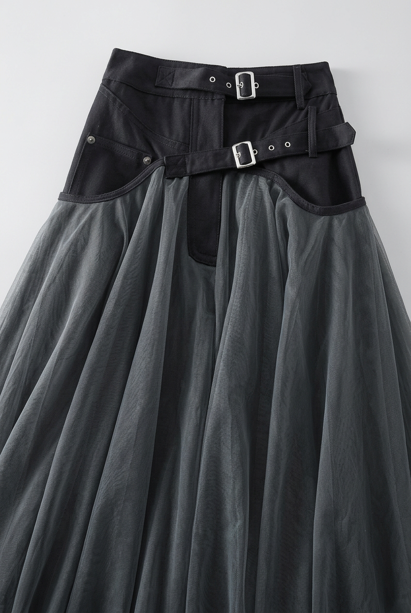 Tulle Maxi Skirt Grey High Waist Belted A-Line Women's – Party, Office, Casual, Evening Gift