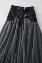 Tulle Maxi Skirt Grey High Waist Belted A-Line Women's – Party, Office, Casual, Evening Gift