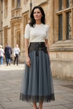 Tulle Maxi Skirt Grey High Waist Belted A-Line Women's – Party, Office, Casual, Evening Gift