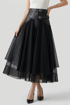 Tulle Maxi Skirt Grey High Waist Belted A-Line Women's – Party, Office, Casual, Evening Gift