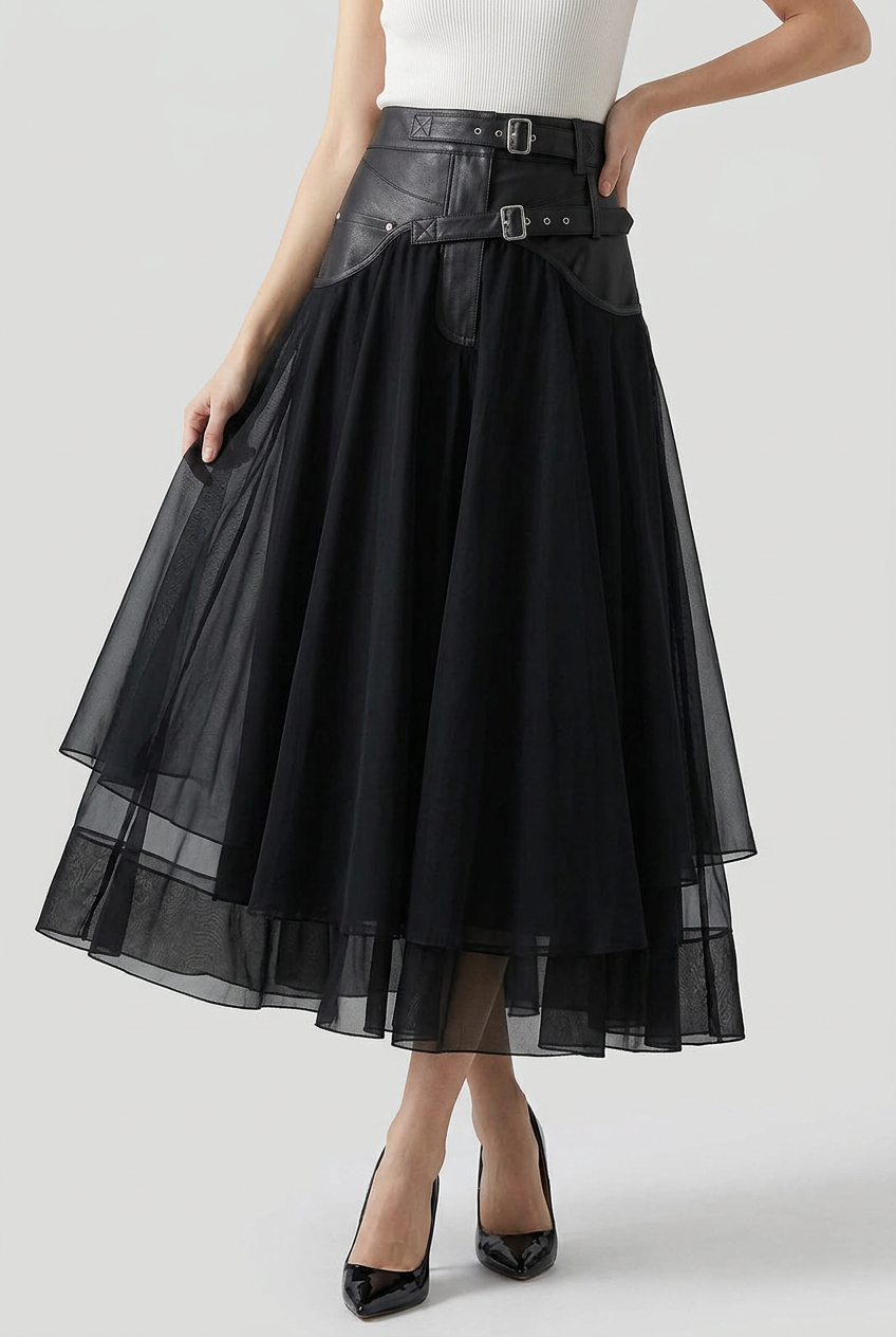 Tulle Maxi Skirt Grey High Waist Belted A-Line Women's – Party, Office, Casual, Evening Gift