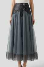 Tulle Maxi Skirt Grey High Waist Belted A-Line Women's – Party, Office, Casual, Evening Gift
